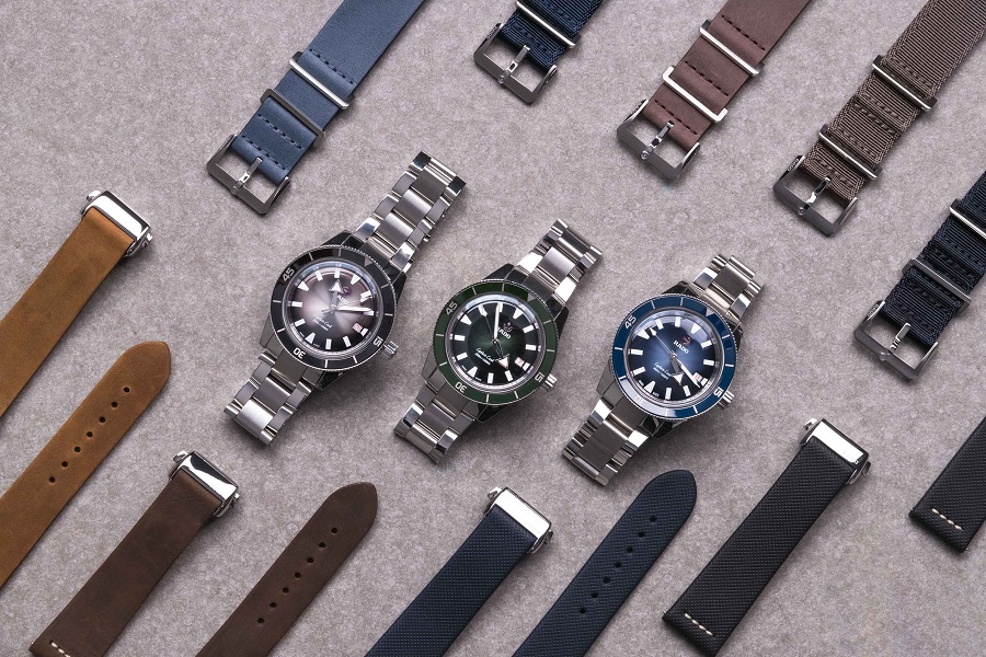 庫克船長腕錶的快拆錶帶設計讓人能方便迅速地在金屬鍊帶、NATO帶和皮革錶帶之間變化。